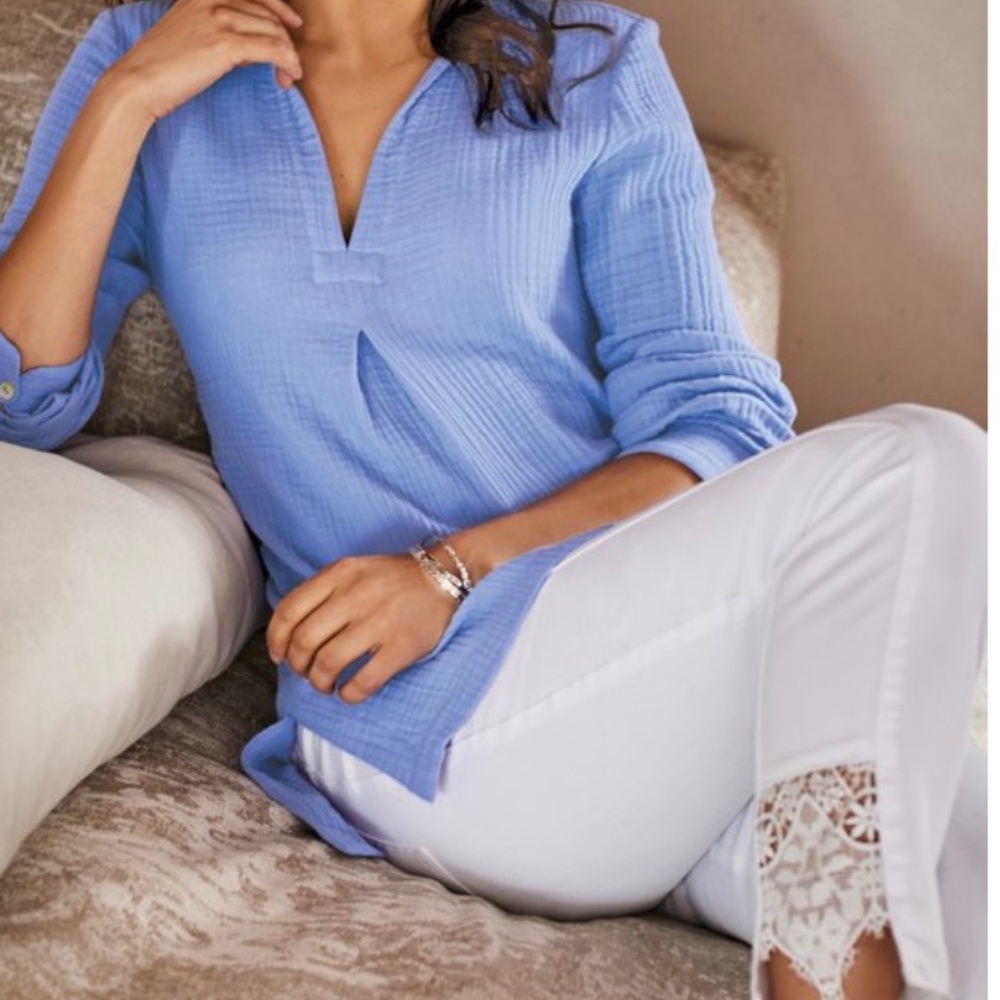 NWT Soft Surroundings The Ultimate High Rise Lace Hem White Jeans 14 Slimming